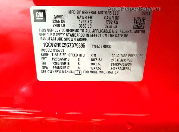 1GCVKREC5GZ379395 2016 CHEVROLET SILVERADO Red ძრავის განყოფილების ხედი