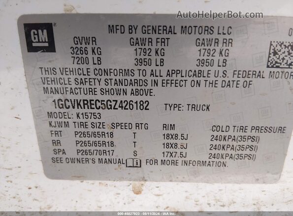 1GCVKREC5GZ426182 2016 CHEVROLET SILVERADO White Vista del compartimento del motor