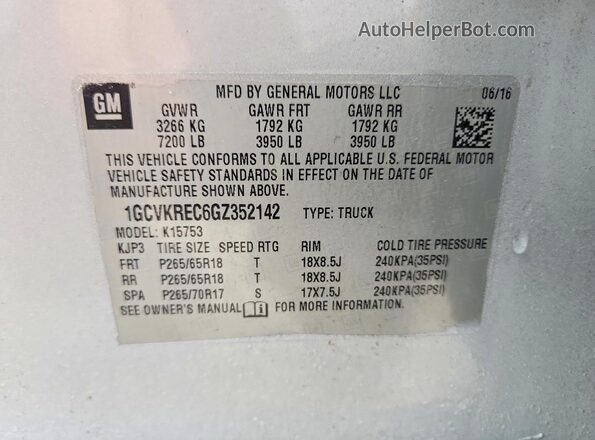 1GCVKREC6GZ352142 2016 CHEVROLET SILVERADO Серебряный Вид наклейки с VIN-кодом