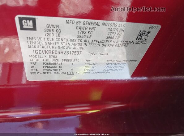 1GCVKREC6HZ317537 2017 CHEVROLET SILVERADO Maroon ძრავის განყოფილების ხედი