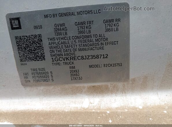 1GCVKREC8JZ358712 2018 CHEVROLET SILVERADO White ძრავის განყოფილების ხედი
