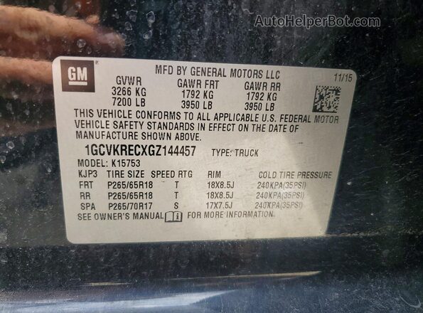 1GCVKRECXGZ144457 2016 CHEVROLET SILVERADO Black VIN կոդի պիտակի տեսք