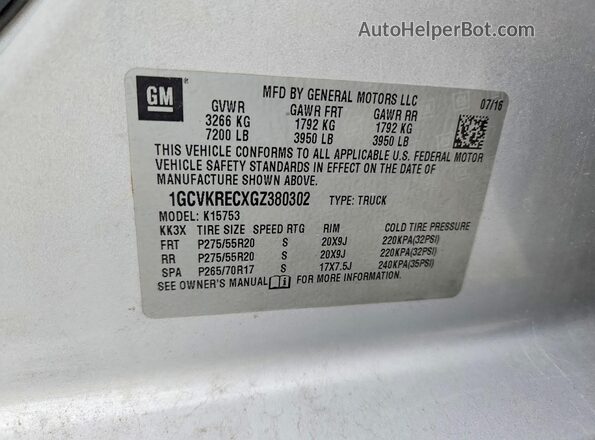 1GCVKRECXGZ380302 2016 CHEVROLET SILVERADO Silver Вид наклейки з VIN-кодом
