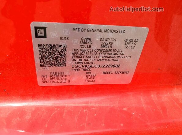 1GCVKSEC3JZ229882 2018 CHEVROLET SILVERADO Red Vista de la etiqueta del VIN