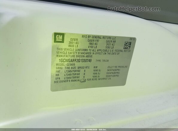 1GCWGAFF2G1330749 2016 CHEVROLET EXPRESS White ძრავის განყოფილების ხედი