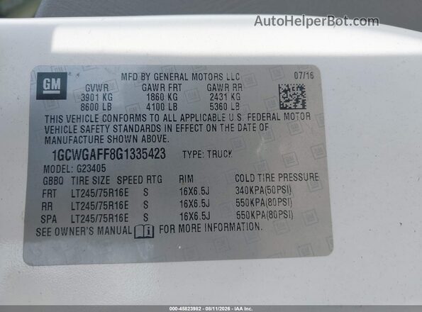 1GCWGAFF8G1335423 2016 CHEVROLET EXPRESS White Widok komory silnika