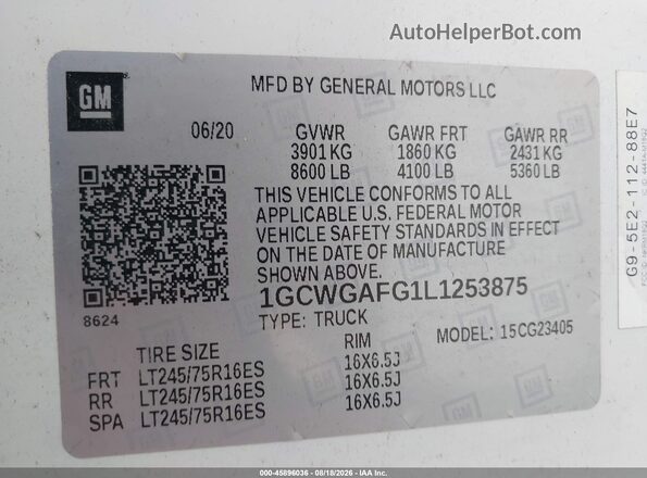 1GCWGAFG1L1253875 2020 CHEVROLET EXPRESS White Widok komory silnika