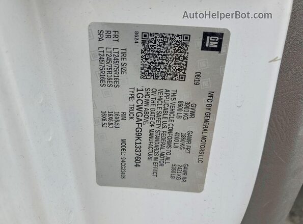 1GCWGAFG9K1337604 2019 CHEVROLET EXPRESS White VIN sticker view
