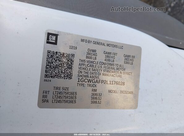 1GCWGAFP2L1176028 2020 CHEVROLET EXPRESS White Vista del compartimento del motor