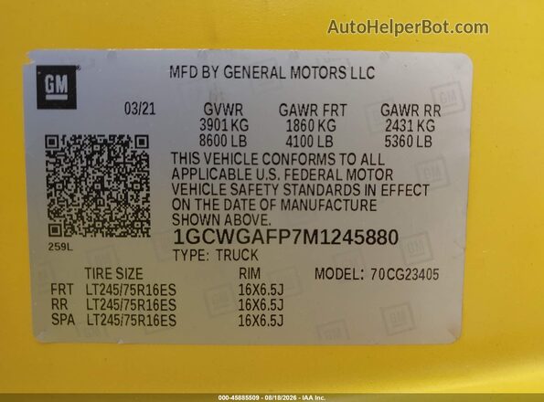 1GCWGAFP7M1245880 2021 CHEVROLET EXPRESS Yellow Շարժիչի բաժամունքի տեսք