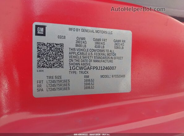 1GCWGAFP9J1246007 2018 CHEVROLET EXPRESS Red Vista del compartimento del motor