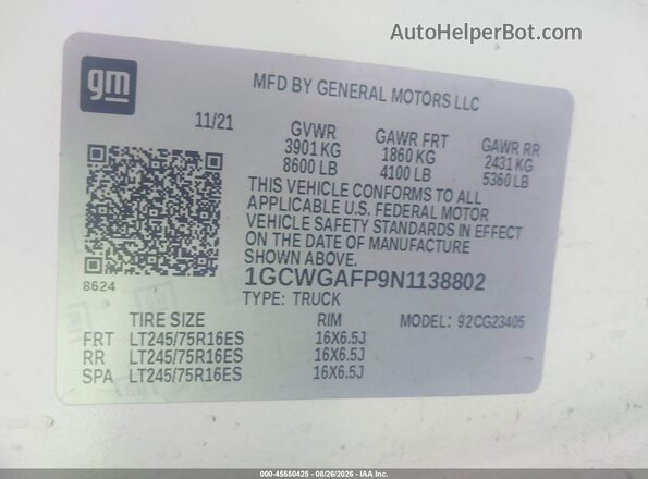 1GCWGAFP9N1138802 2022 CHEVROLET EXPRESS White Vista del compartimento del motor