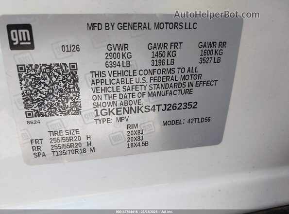 1GKENNKS4TJ262352 2026 GMC ACADIA White Widok komory silnika