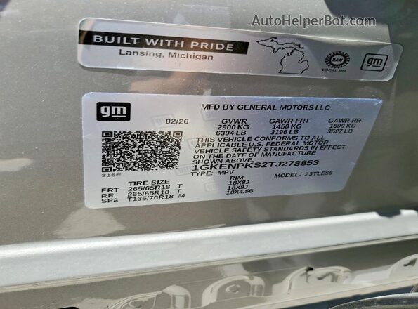 1GKENPKS2TJ278853 2026 GMC ACADIA Silver Вид наклейки з VIN-кодом