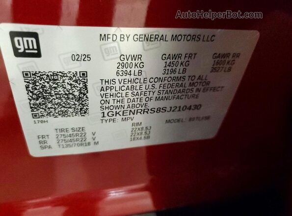 1GKENRRS8SJ210430 2025 GMC ACADIA Бордовый Вид наклейки с VIN-кодом