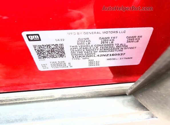 1GKKNKL42NZ160537 2022 GMC ACADIA Red Панорамний вид салону 360°