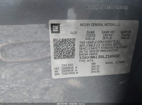 1GKKNKLS5LZ160432 2020 GMC ACADIA Gray Vista del compartimento del motor