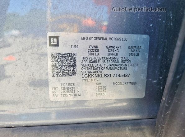 1GKKNKLSXLZ145487 2020 GMC ACADIA Серый Вид наклейки с VIN-кодом