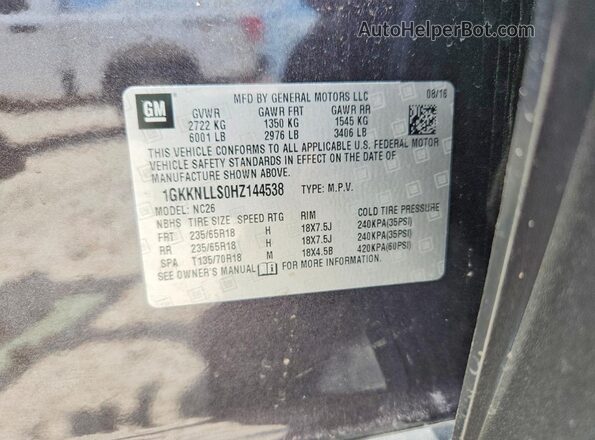 1GKKNLLS0HZ144538 2017 GMC ACADIA Угольный Панорамный вид салона 360°