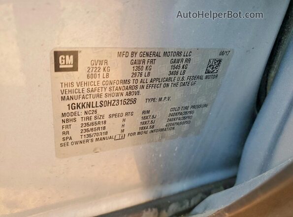 1GKKNLLS0HZ316258 2017 GMC ACADIA Gray Widok wnętrza 360 stopni