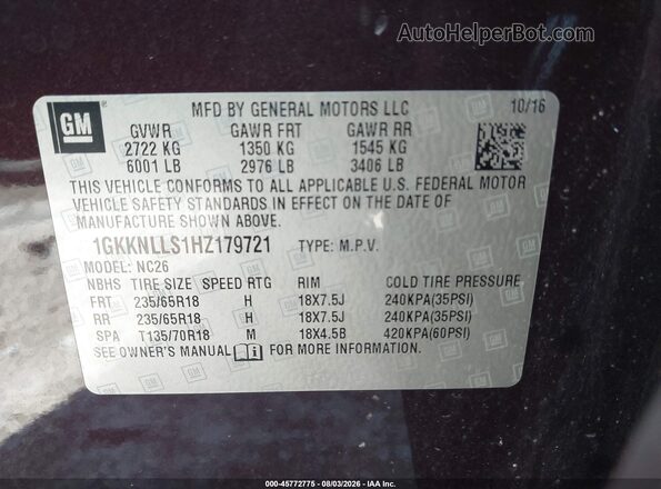 1GKKNLLS1HZ179721 2017 GMC ACADIA Purple Вид підкапотного простору