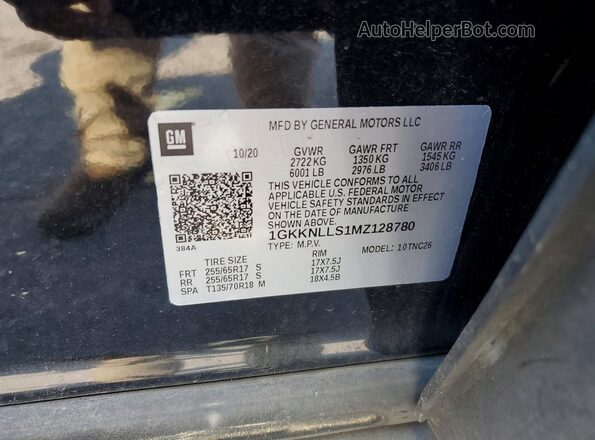 1GKKNLLS1MZ128780 2021 GMC ACADIA Black Widok naklejki z numerem VIN