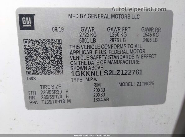 1GKKNLLS2LZ122761 2020 GMC ACADIA White ძრავის განყოფილების ხედი