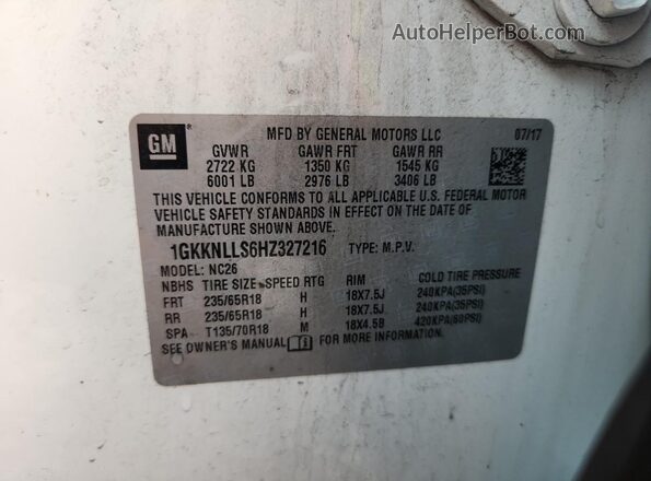 1GKKNLLS6HZ327216 2017 GMC ACADIA White VIN կոդի պիտակի տեսք