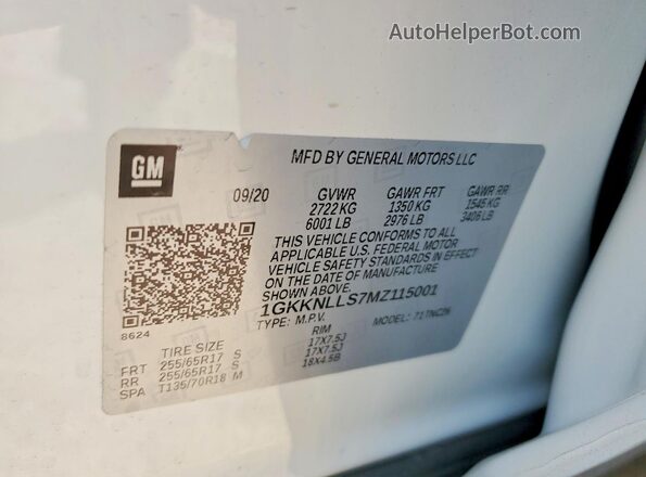 1GKKNLLS7MZ115001 2021 GMC ACADIA Белый Вид наклейки с VIN-кодом