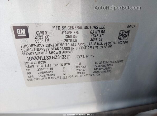 1GKKNLLSXHZ313321 2017 GMC ACADIA Серебряный Вид подкапотного пространства