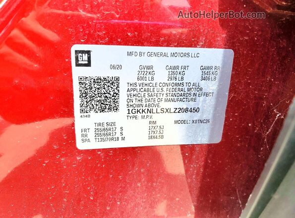 1GKKNLLSXLZ208450 2020 GMC ACADIA Red VIN կոդի պիտակի տեսք
