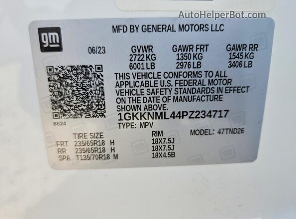 1GKKNML44PZ234717 2023 GMC ACADIA White Vista de la etiqueta del VIN
