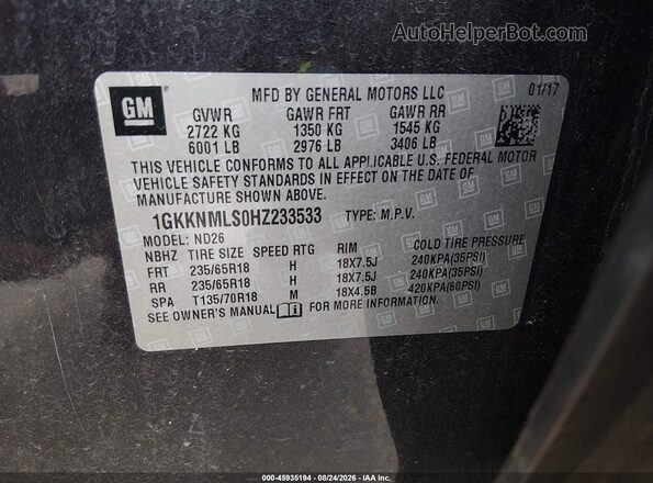 1GKKNMLS0HZ233533 2017 GMC ACADIA Черный Вид подкапотного пространства