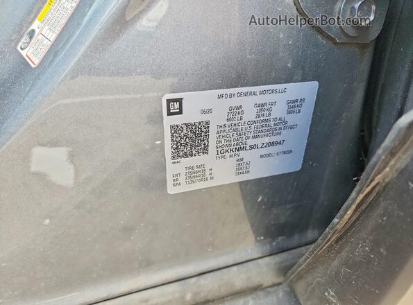 1GKKNMLS0LZ208947 2020 GMC ACADIA Серый Вид наклейки с VIN-кодом