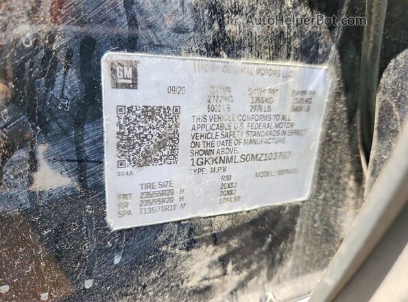 1GKKNMLS0MZ103763 2021 GMC ACADIA Black Vista de la etiqueta del VIN