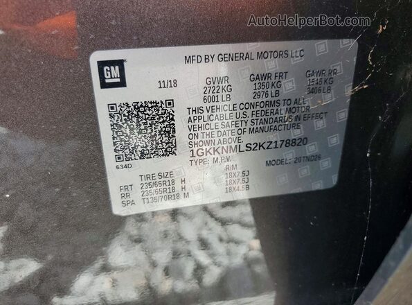 1GKKNMLS2KZ178820 2019 GMC ACADIA Charcoal VIN კოდის სტიკერის ხედი