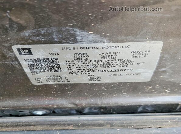 1GKKNMLS2KZ226719 2019 GMC ACADIA Tan Вид наклейки з VIN-кодом