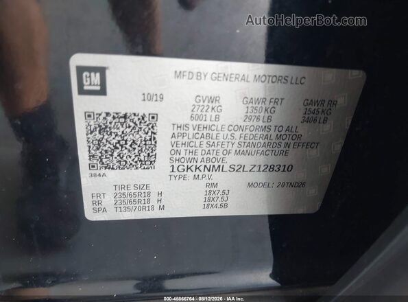 1GKKNMLS2LZ128310 2020 GMC ACADIA Black Engine compartment view