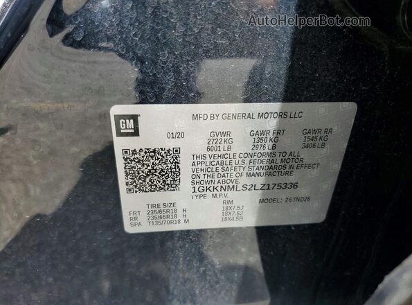 1GKKNMLS2LZ175336 2020 GMC ACADIA Black Vista de la etiqueta del VIN