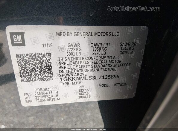 1GKKNMLS3LZ135895 2020 GMC ACADIA Черный Вид подкапотного пространства