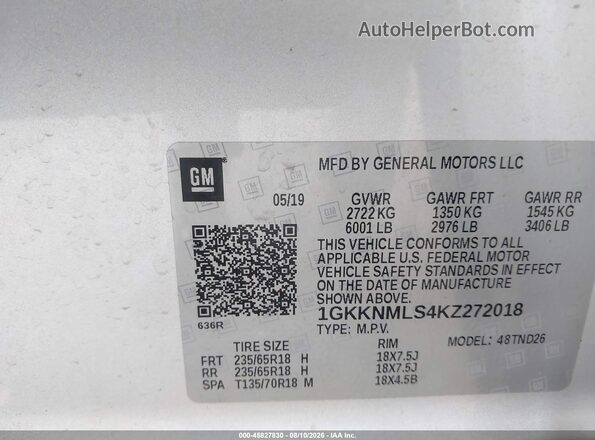 1GKKNMLS4KZ272018 2019 GMC ACADIA Silver Widok komory silnika