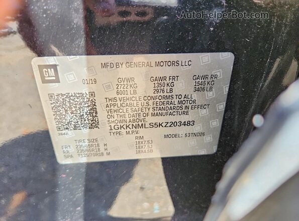 1GKKNMLS5KZ203483 2019 GMC ACADIA Черный Вид наклейки с VIN-кодом