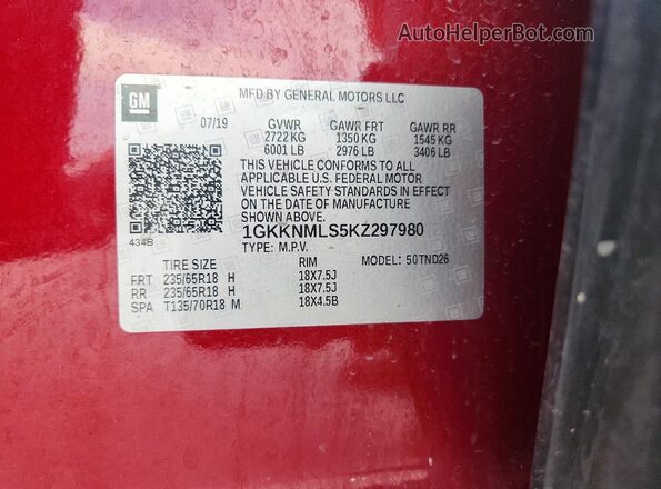 1GKKNMLS5KZ297980 2019 GMC ACADIA Maroon VIN sticker view