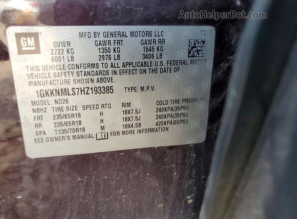 1GKKNMLS7HZ193385 2017 GMC ACADIA Purple Widok naklejki z numerem VIN