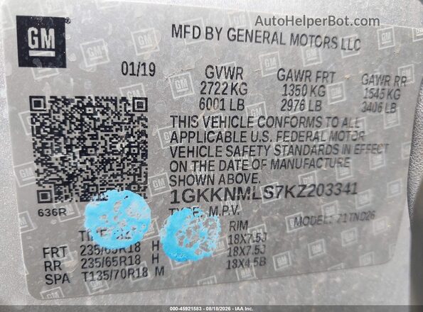 1GKKNMLS7KZ203341 2019 GMC ACADIA Silver ძრავის განყოფილების ხედი