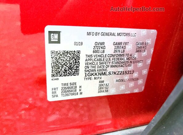1GKKNMLS7KZ215313 2019 GMC ACADIA Красный Вид наклейки с VIN-кодом