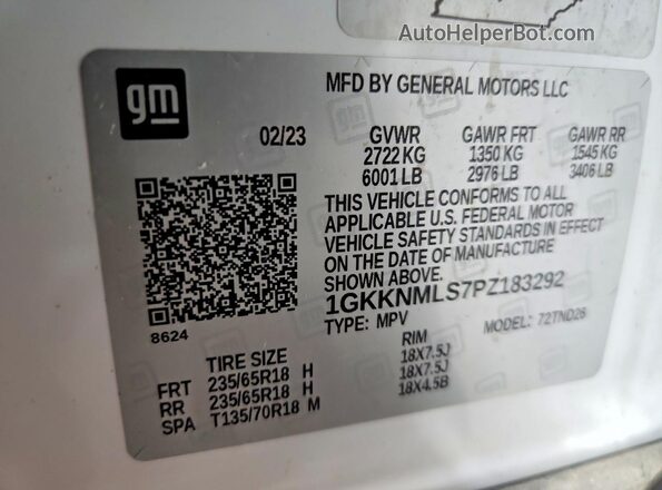 1GKKNMLS7PZ183292 2023 GMC ACADIA White Widok naklejki z numerem VIN