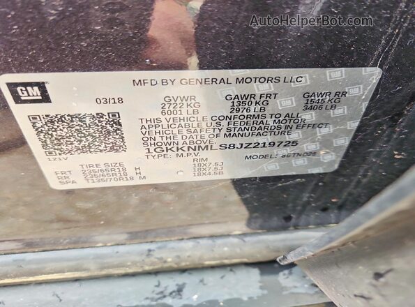 1GKKNMLS8JZ219725 2018 GMC ACADIA Black Вид наклейки з VIN-кодом