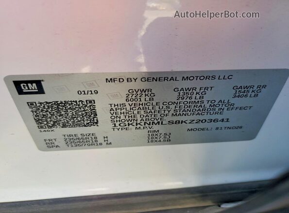 1GKKNMLS8KZ203641 2019 GMC ACADIA White Vista de la etiqueta del VIN