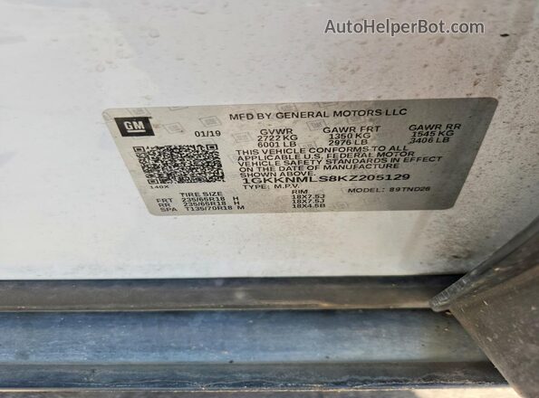1GKKNMLS8KZ205129 2019 GMC ACADIA White VIN կոդի պիտակի տեսք
